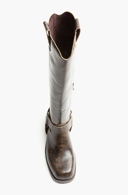 Brown Distressed Leather Harness Boot