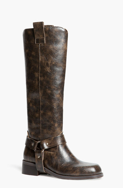 Brown Distressed Leather Harness Boot