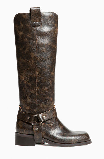 Brown Distressed Leather Harness Boot