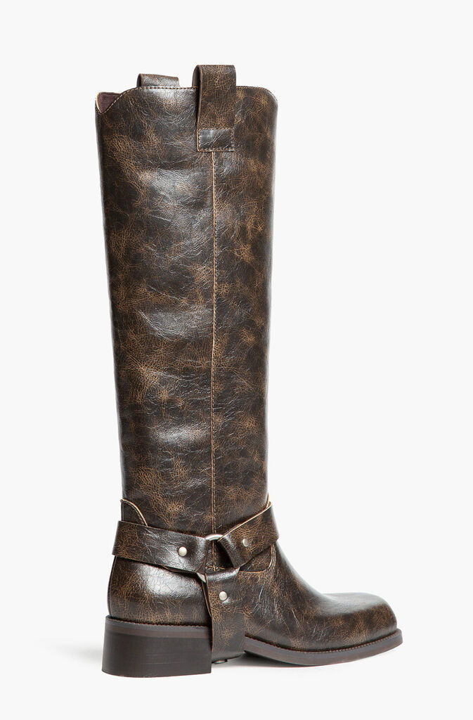 Brown Distressed Leather Harness Boot