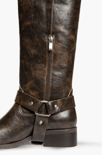 Brown Distressed Leather Harness Boot
