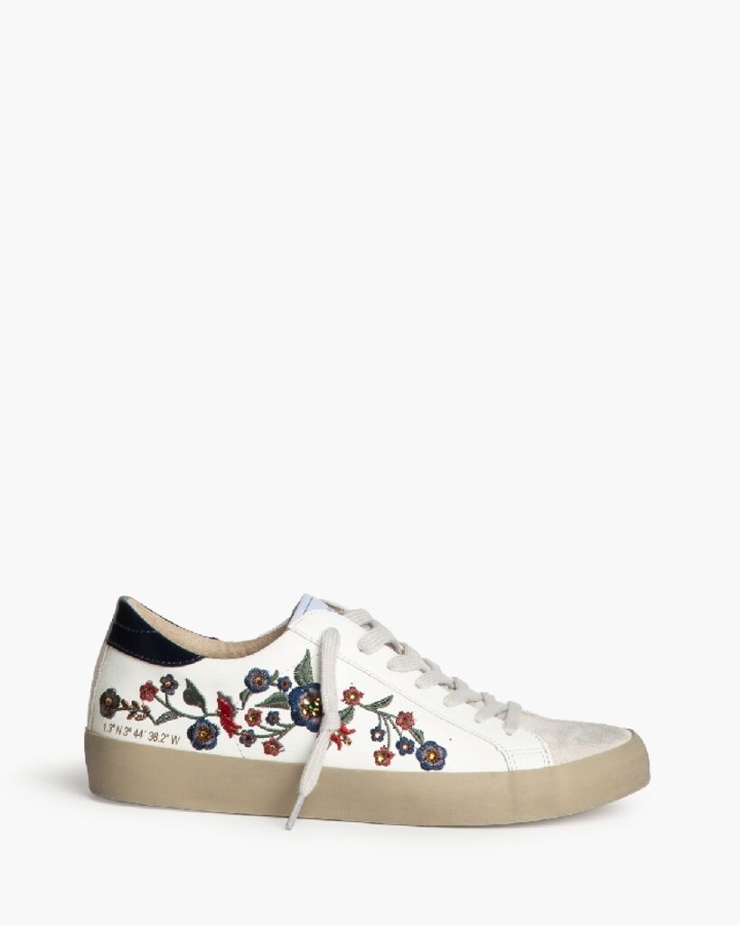 White Floral-Embroidered Sneakers with Coordinated Sole