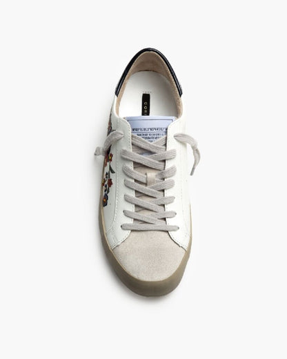 White Floral-Embroidered Sneakers with Coordinated Sole