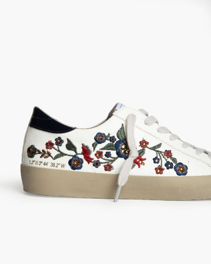 White Floral-Embroidered Sneakers with Coordinated Sole