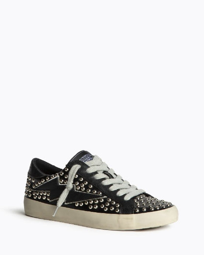 Black Studded Low-Top Sneakers with Zigzag Detail