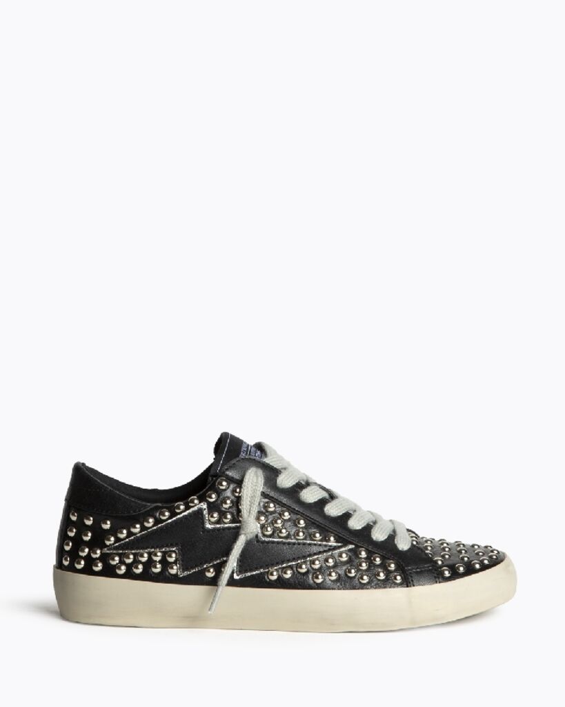 Black Studded Low-Top Sneakers with Zigzag Detail
