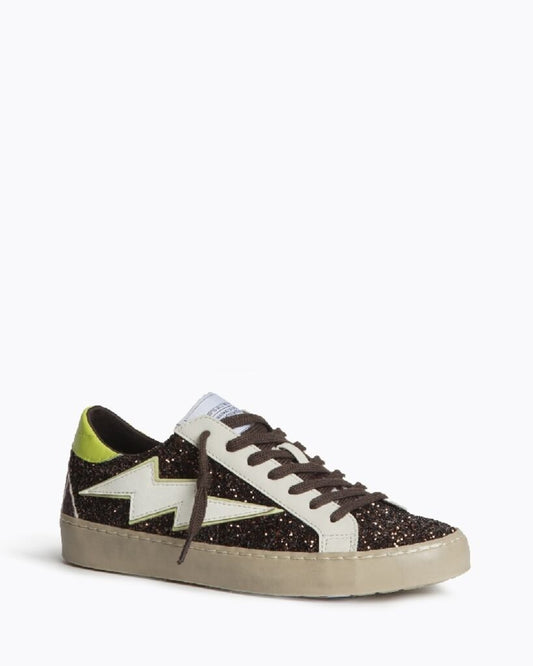 Brown Glitter Low-Top Sneakers with Lightning Detail