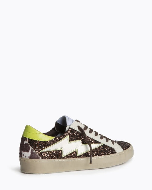Brown Glitter Low-Top Sneakers with Lightning Detail