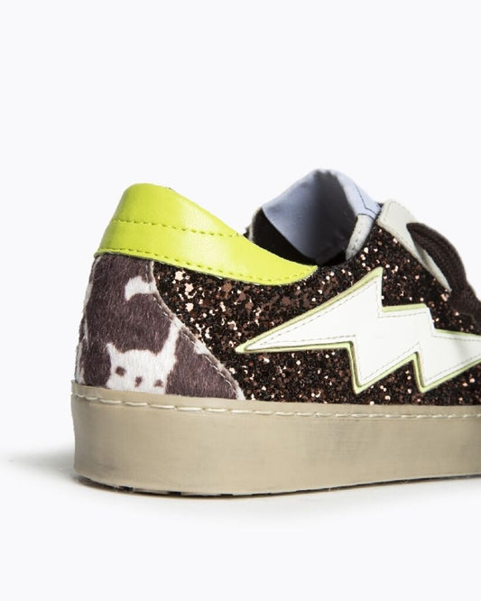 Brown Glitter Low-Top Sneakers with Lightning Detail