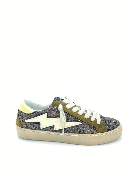 Olive Textured Sneakers with Lightning Bolt Accent