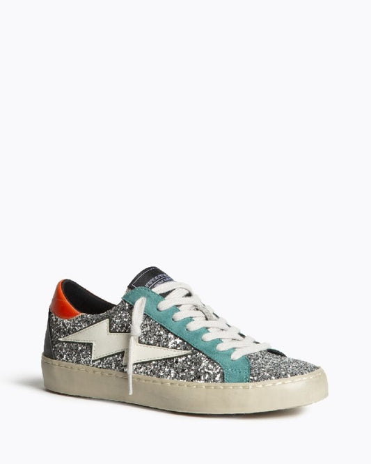 Silver Glitter Low-Top Sneakers with Lightning Bolt
