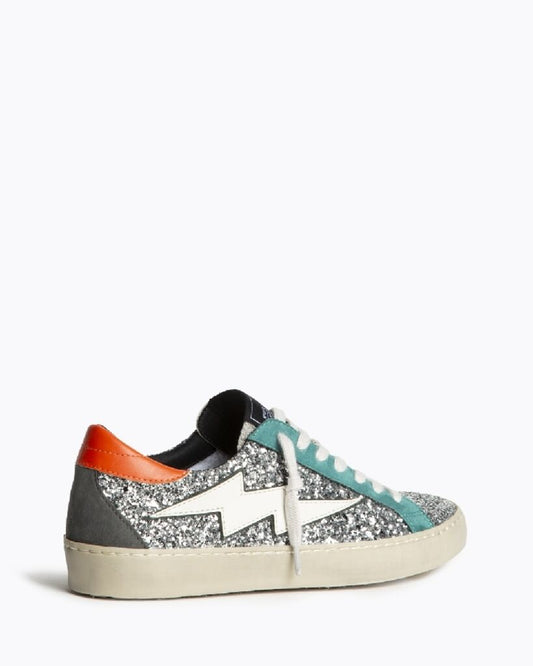 Silver Glitter Low-Top Sneakers with Lightning Bolt