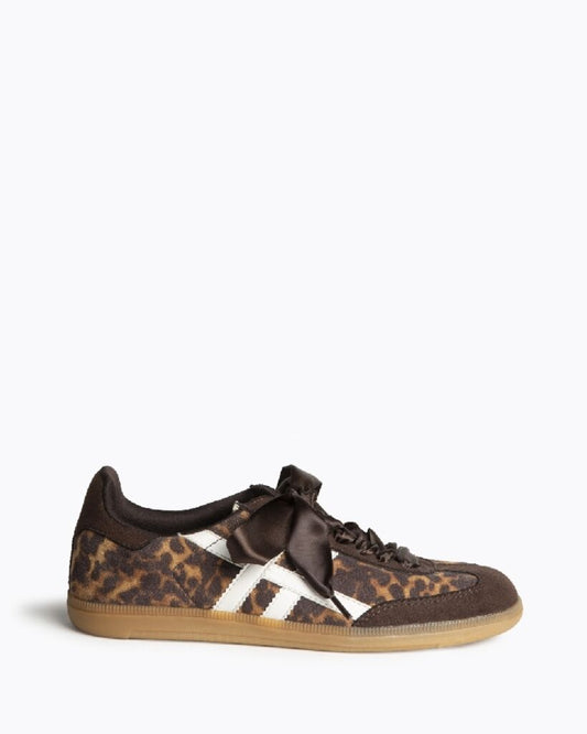 Brown Animal Print Sneakers with Satin Ribbon