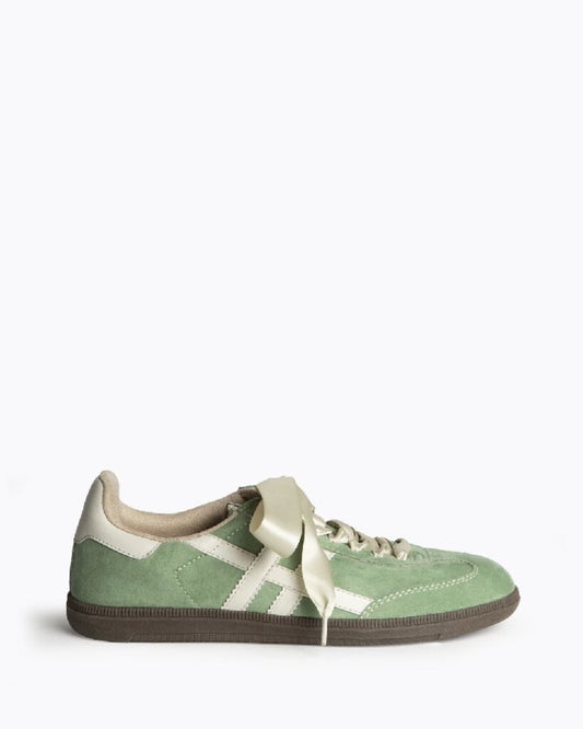 Green Suede Low-Top Sneakers with Satin Ribbon