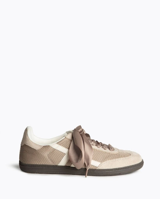 Taupe Knit Sneakers with Satin Ribbon Detail