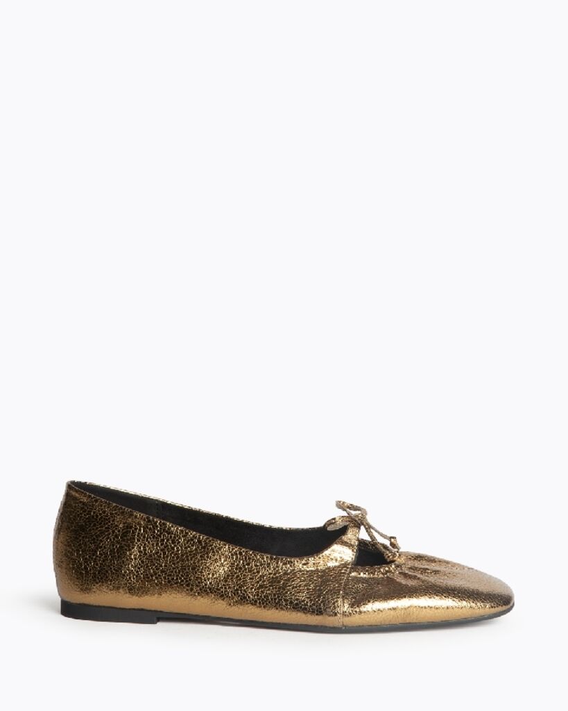 Gold Metallic Ballet Flats with Bow Detail