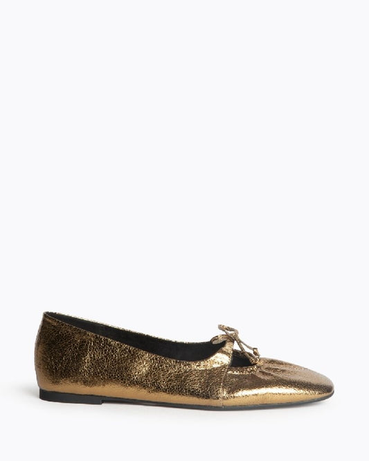 Gold Metallic Ballet Flats with Bow Detail