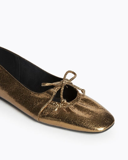 Gold Metallic Ballet Flats with Bow Detail