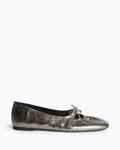 Silver Textured Ballet Flats with Bow Detail