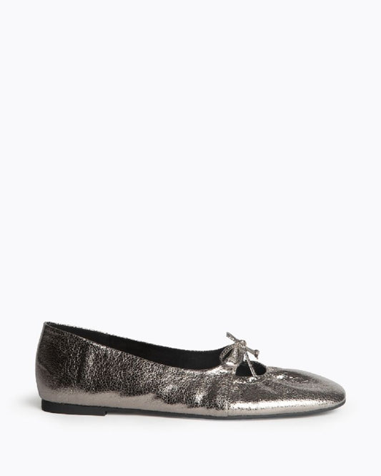 Silver Textured Ballet Flats with Bow Detail