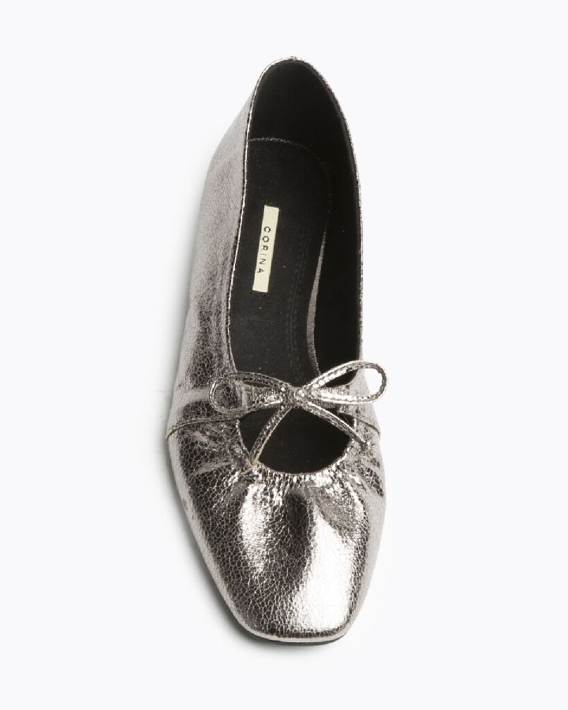 Silver Textured Ballet Flats with Bow Detail