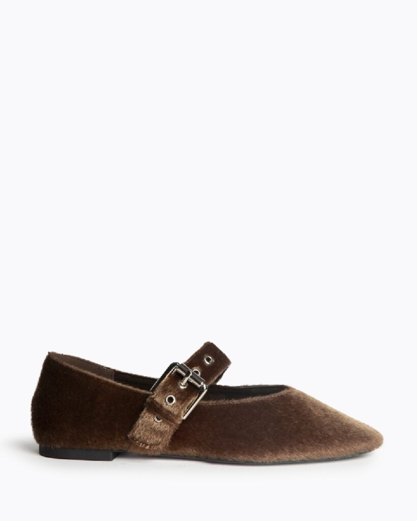 Brown Velvet Mary Jane Flat with Buckle Detail