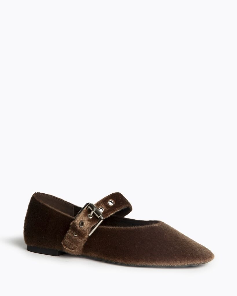Brown Velvet Mary Jane Flat with Buckle Detail