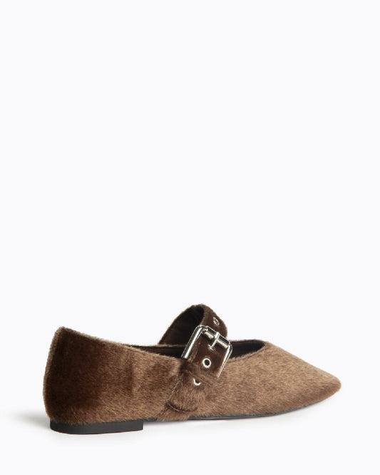 Brown Velvet Mary Jane Flat with Buckle Detail