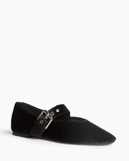 Black Velvet Mary Jane Flats with Buckle