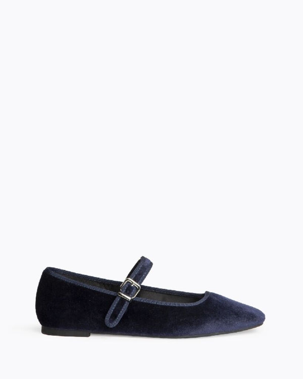 Navy Velvet Mary Jane Flat with Buckle