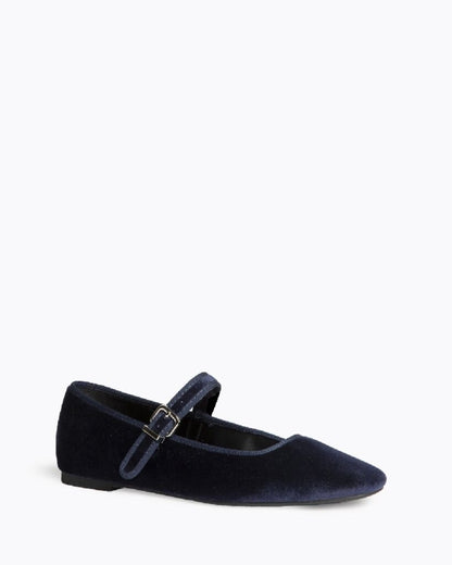 Navy Velvet Mary Jane Flat with Buckle