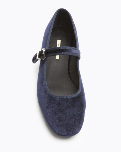 Navy Velvet Mary Jane Flat with Buckle
