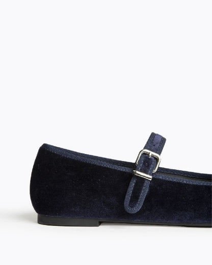 Navy Velvet Mary Jane Flat with Buckle