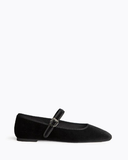 Black Velvet Mary Jane Flats with Buckle Strap