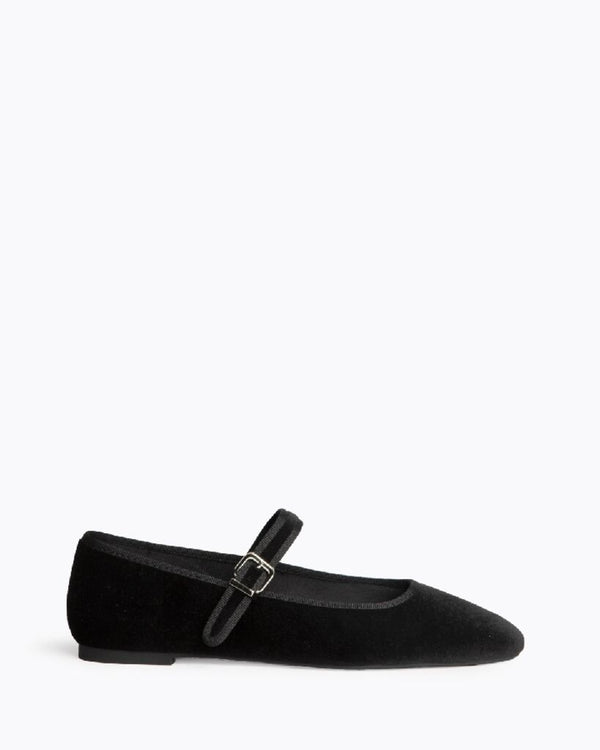Black Velvet Mary Jane Flats with Buckle Strap