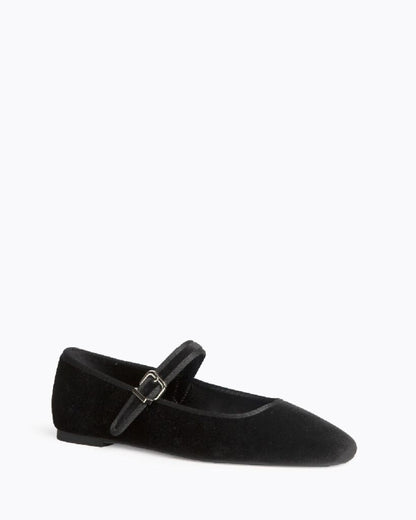 Black Velvet Mary Jane Flats with Buckle Strap