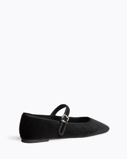Black Velvet Mary Jane Flats with Buckle Strap