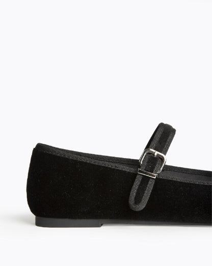 Black Velvet Mary Jane Flats with Buckle Strap