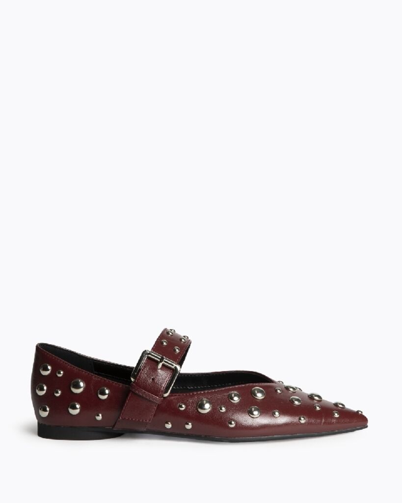 Burgundy Studded Leather Flats with Buckle Strap