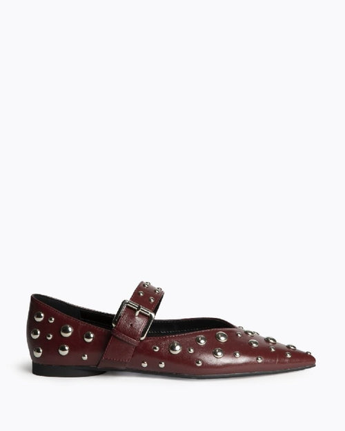 Burgundy Studded Leather Flats with Buckle Strap