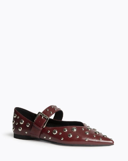 Burgundy Studded Leather Flats with Buckle Strap