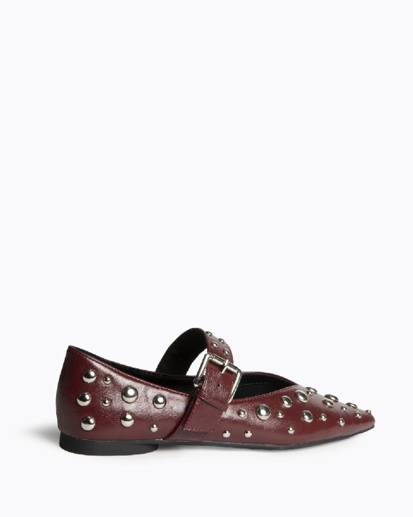 Burgundy Studded Leather Flats with Buckle Strap
