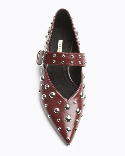 Burgundy Studded Leather Flats with Buckle Strap