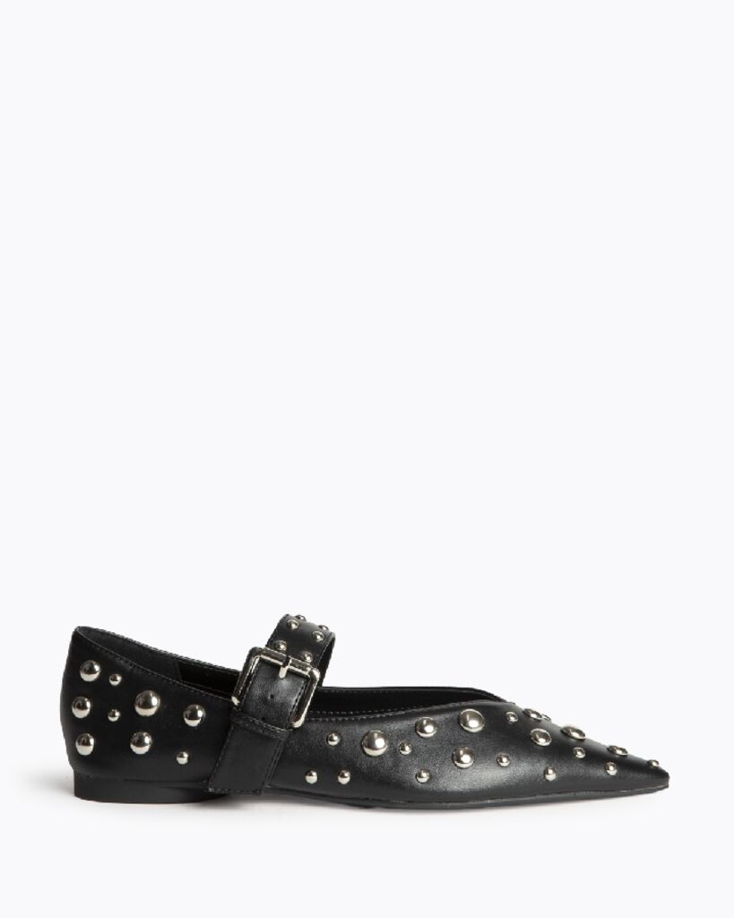 Black Studded Mary Jane Flats with Buckle Strap