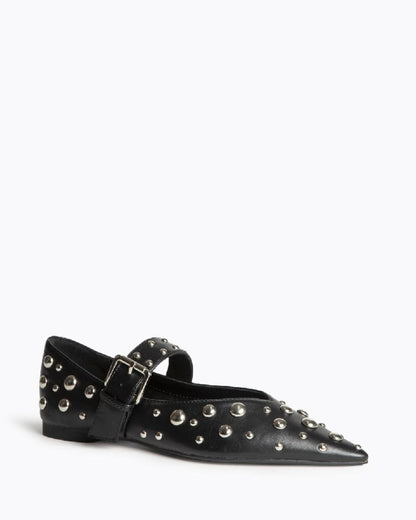 Black Studded Mary Jane Flats with Buckle Strap