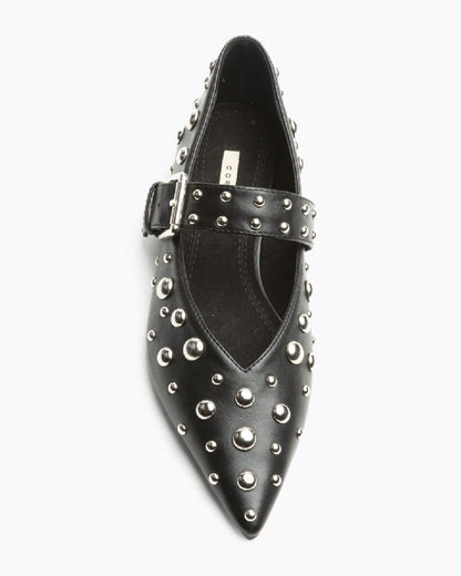 Black Studded Mary Jane Flats with Buckle Strap
