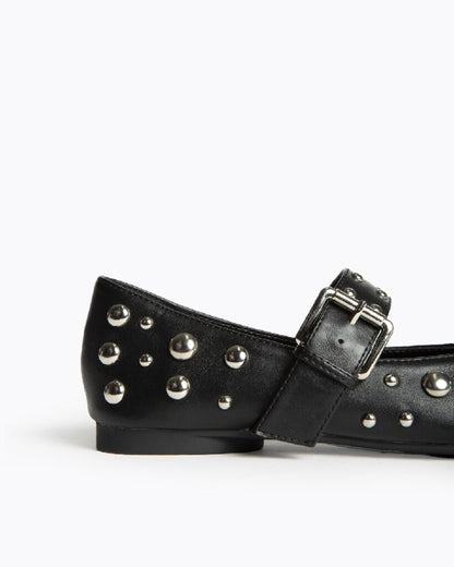 Black Studded Mary Jane Flats with Buckle Strap