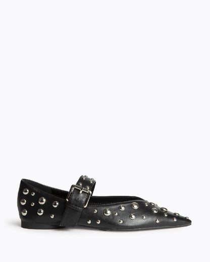 Black Studded Mary Jane Flats with Buckle Strap