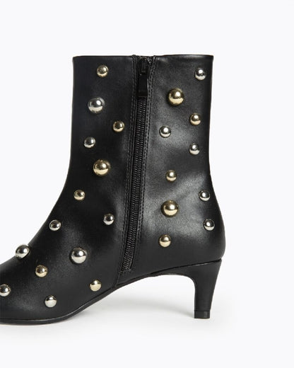 Black Leather Ankle Boots with Stud Accents