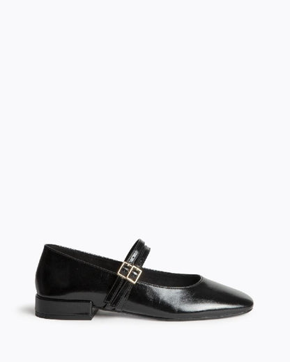 Black Patent Mary Jane Flats with Buckle Strap